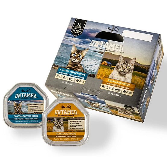 4health Untamed All Life Stages Grain- and Preservative-Free Pollock, Cod and Chicken Wet Cat Food, 3.5 oz., Pack of 12 Bowls