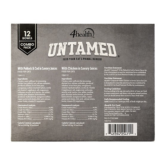 4health Untamed All Life Stages Grain- and Preservative-Free Pollock, Cod and Chicken Wet Cat Food, 3.5 oz., Pack of 12 Bowls