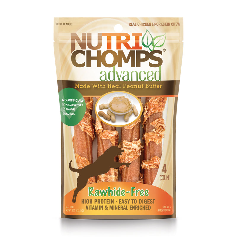 Nutri Chomps Advanced 6" Peanut Butter Flavor Twists Wrapped with Real Chicken, 4 Count Dog Chews