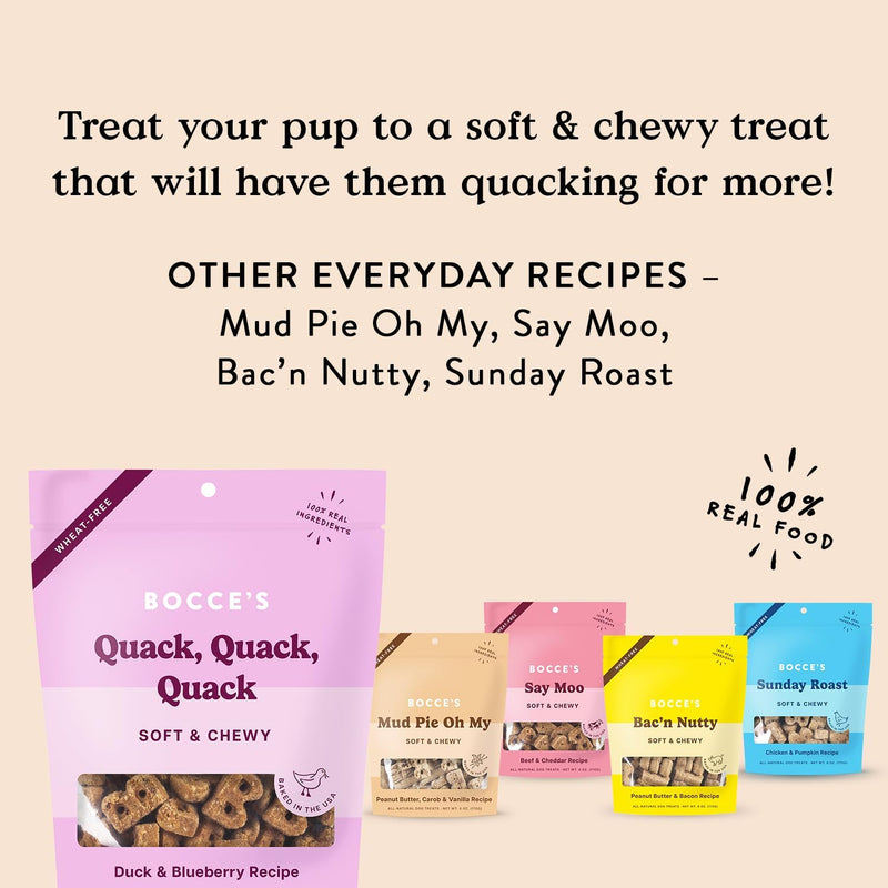 Bocce's Bakery Oven Baked Quack Quack Quack Dog Treats - All-Natural, Real Ingredient, Wheat-Free Soft & Chewy Cookies - Baked in The USA, Peanut Butter & Banana Flavor, 6 oz