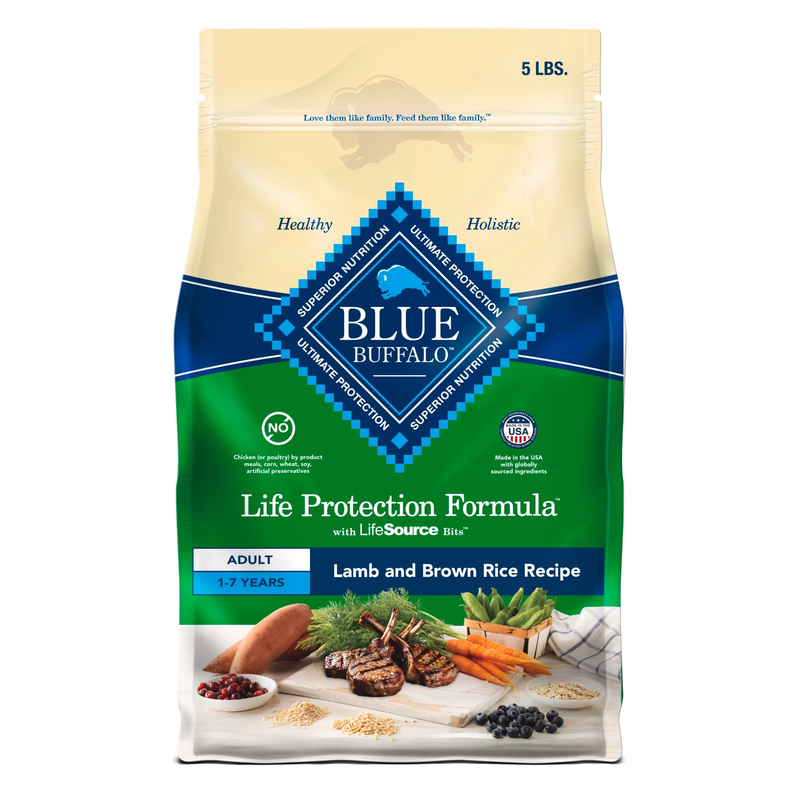 Blue Buffalo Life Protection Formula Adult Dry Dog Food, Helps Build and Maintain Strong Muscles, Made with Natural Ingredients, Lamb & Brown Rice Recipe, 5-lb Bag