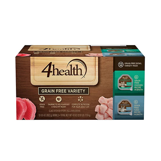 4health Grain Free Adult Chicken and Tuna in Broth Wet Cat Food Variety Pack, 3.5 oz. Tray, 12 pk.