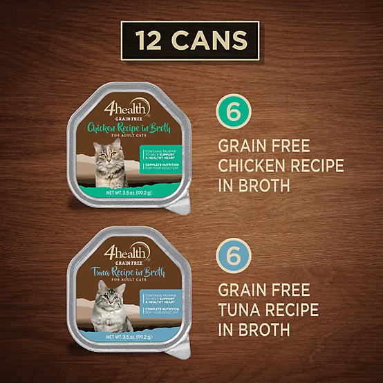 4health Grain Free Adult Chicken and Tuna in Broth Wet Cat Food Variety Pack, 3.5 oz. Tray, 12 pk.
