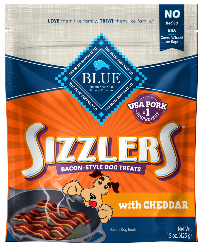 Blue Buffalo Sizzlers Natural Bacon-Style Soft-Moist Dog Treats, Cheddar Pork 15 oz. Bag