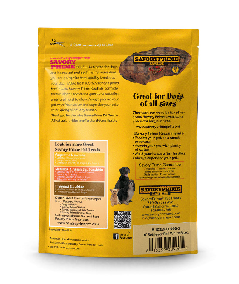 Savory Prime 6” Supreme Retriever Roll White for Dogs - 6 pk