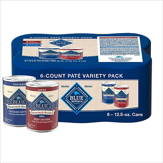 Blue Buffalo Homestyle Recipe Adult Chicken/Beef Dinner with Garden Vegetables Pate Wet Dog Food pk., 12.5 oz., Cans, 6 pk.