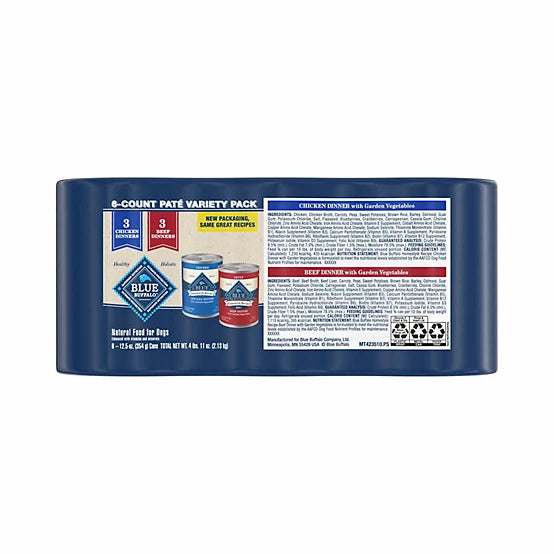 Blue Buffalo Homestyle Recipe Adult Chicken/Beef Dinner with Garden Vegetables Pate Wet Dog Food pk., 12.5 oz., Cans, 6 pk.