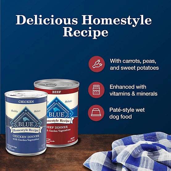 Blue Buffalo Homestyle Recipe Adult Chicken/Beef Dinner with Garden Vegetables Pate Wet Dog Food pk., 12.5 oz., Cans, 6 pk.