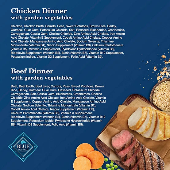 Blue Buffalo Homestyle Recipe Adult Chicken/Beef Dinner with Garden Vegetables Pate Wet Dog Food pk., 12.5 oz., Cans, 6 pk.