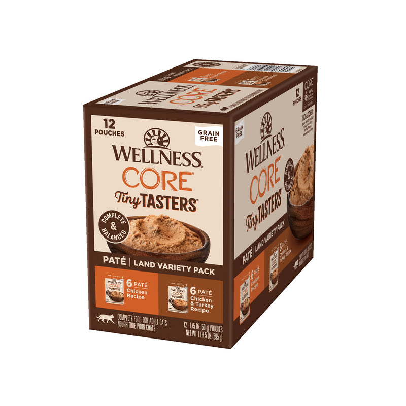 Wellness CORE Tiny Tasters Pate Adult Wet Cat Food, Natural, Protein-Rich, Grain Free, 1.75-Ounce Pouch, 12 Pack, (Land Variety Pack)