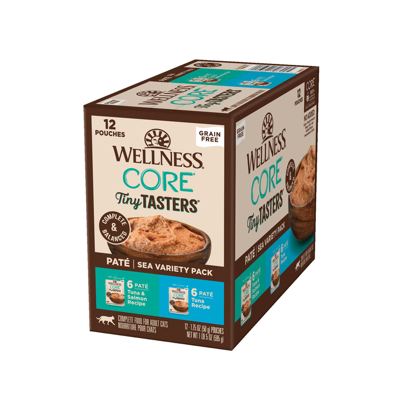 Wellness CORE Tiny Tasters Pate Adult Wet Cat Food, Natural, Protein-Rich, Grain Free, 1.75-Ounce Pouch, 12 Pack, (Seafood Variety Pack)