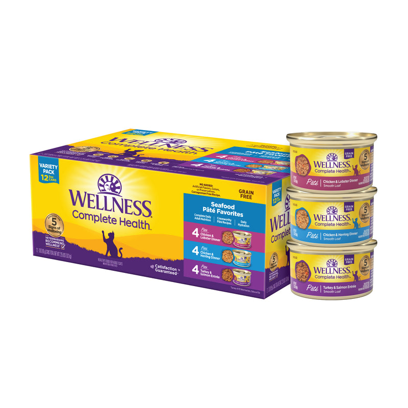 Wellness Complete Health Pate Adult Wet Cat Food, Protein-Rich, Grain-Free, 3 Ounce , 12 Pack, (Seafood Variety Pack)