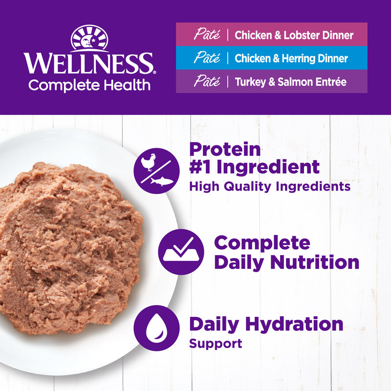 Wellness Complete Health Pate Adult Wet Cat Food, Protein-Rich, Grain-Free, 3 Ounce , 12 Pack, (Seafood Variety Pack)