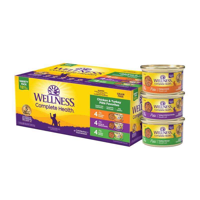 Wellness Complete Health Pate Adult Wet Cat Food, Protein-Rich, Grain Free, 3 Ounce , 12 Pack, (Chicken & Turkey Favorites Variety Pack)