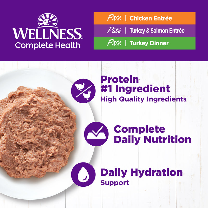 Wellness Complete Health Pate Adult Wet Cat Food, Protein-Rich, Grain Free, 3 Ounce , 12 Pack, (Chicken & Turkey Favorites Variety Pack)