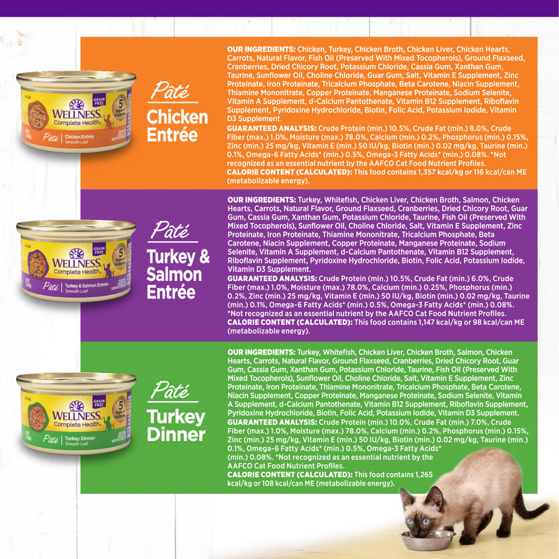 Wellness Complete Health Pate Adult Wet Cat Food, Protein-Rich, Grain Free, 3 Ounce , 12 Pack, (Chicken & Turkey Favorites Variety Pack)