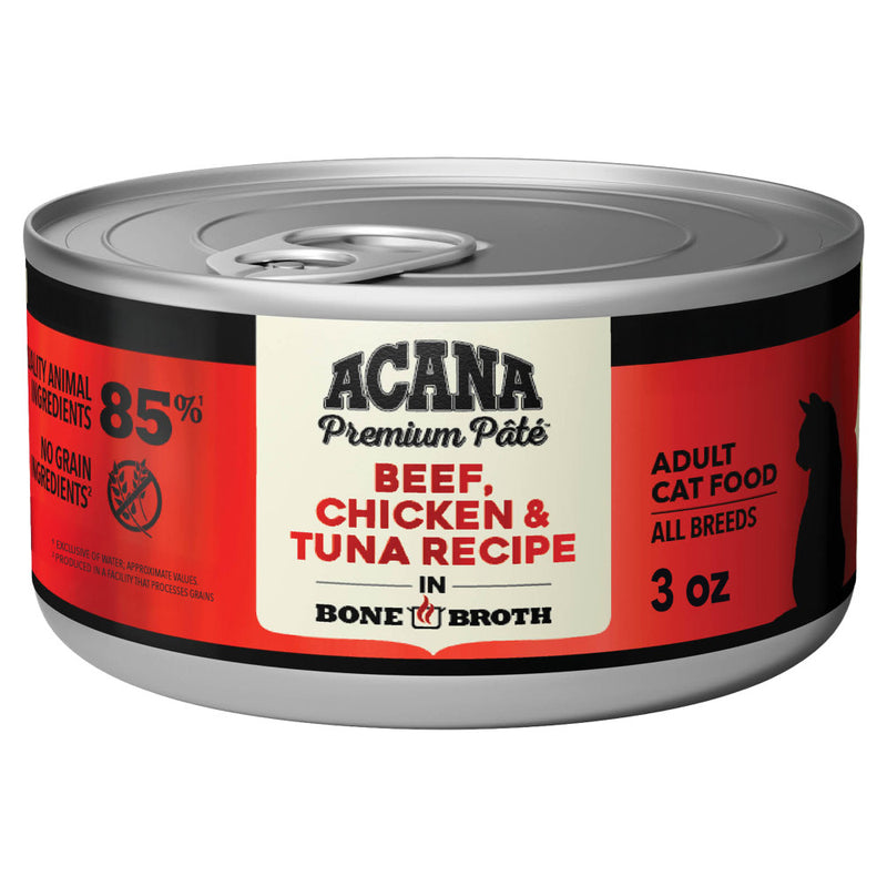 ACANA Premium Pate Wet Cat Food in Bone Broth Beef Chicken + Tuna Recipe 3oz Cans