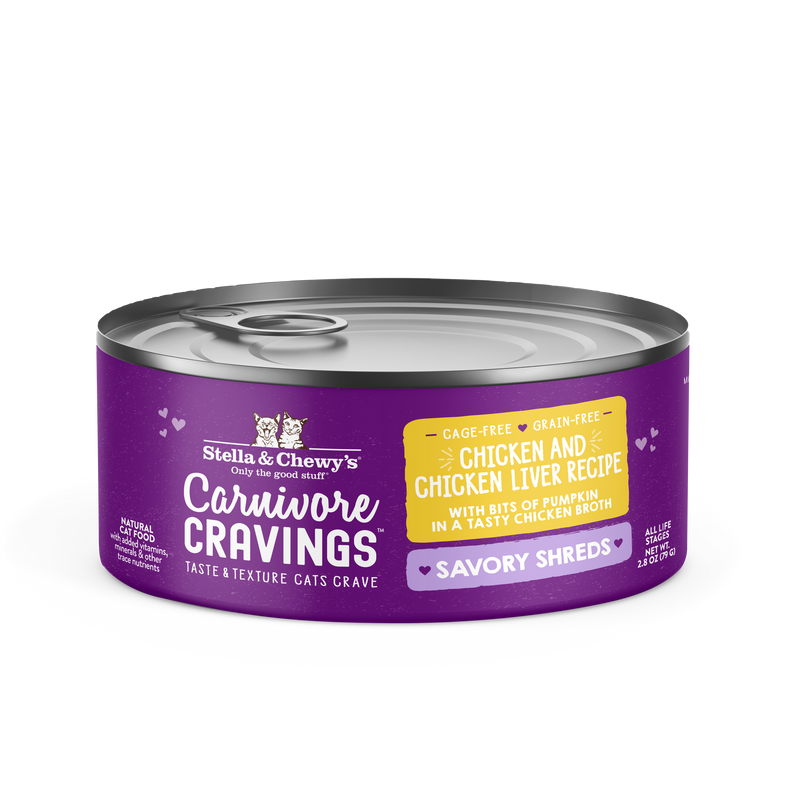 Stella & Chewy's Wet Food for Cats - Carnivore Cravings Savory Shreds Chicken & Chicken Liver Recipe - 2.8 Ounce Can