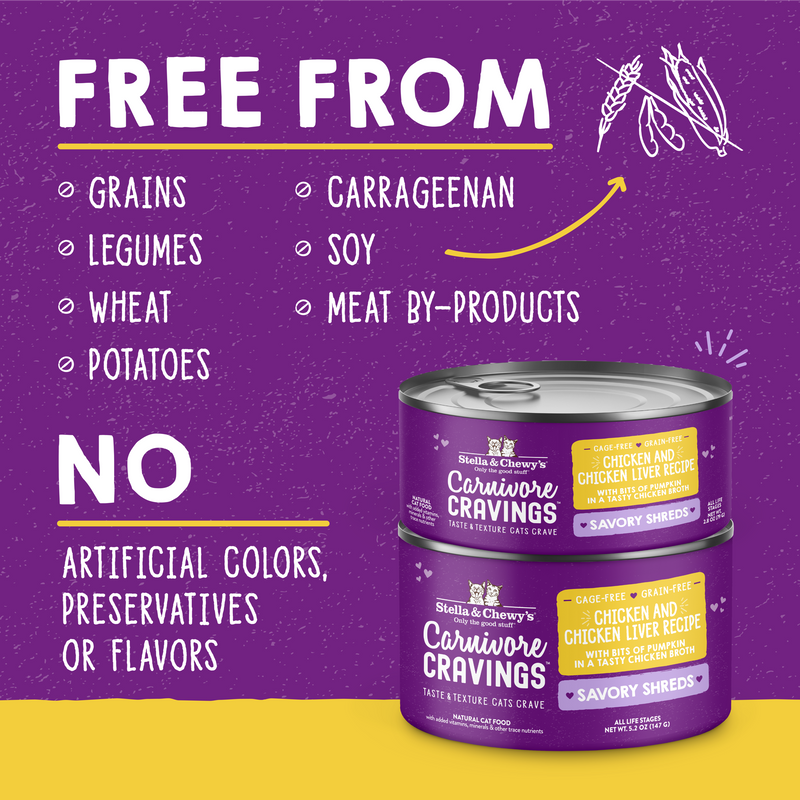 Stella & Chewy's Wet Food for Cats - Carnivore Cravings Savory Shreds Chicken & Chicken Liver Recipe - 2.8 Ounce Can