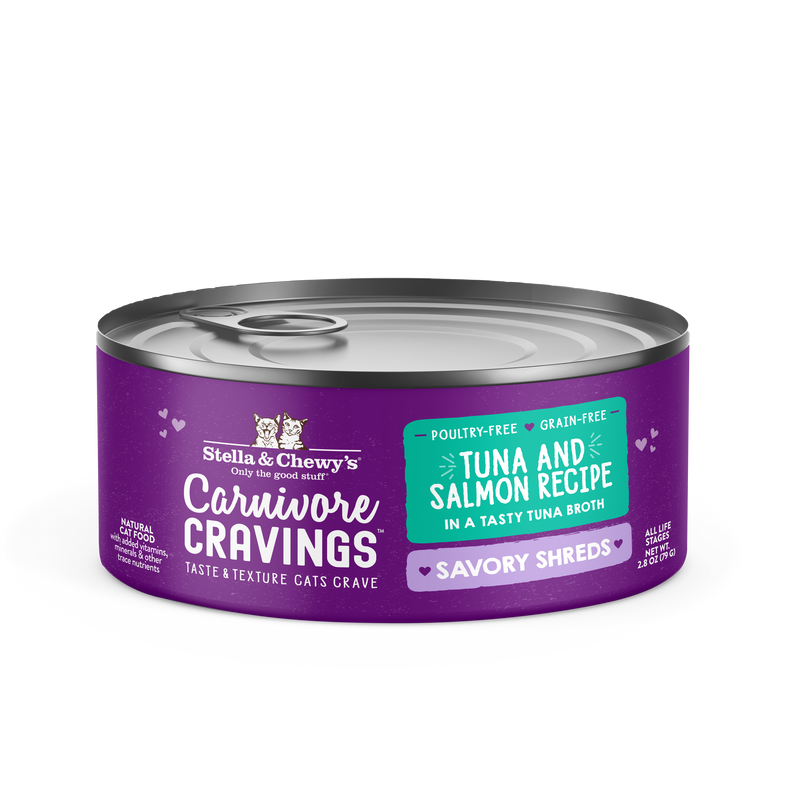 Stella & Chewy's Carnivore Cravings Savory Shreds - Tuna & Salmon Recipe Dinner in Broth - 2.8 Ounce Can