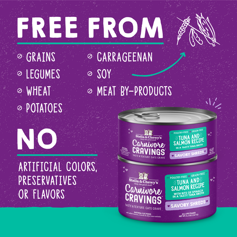 Stella & Chewy's Carnivore Cravings Savory Shreds - Tuna & Salmon Recipe Dinner in Broth - 2.8 Ounce Can
