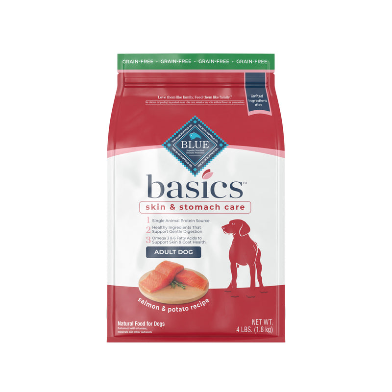 Blue Buffalo Basics Skin & Stomach Care, Grain Free Natural Adult Dry Dog Food, Salmon & Potato 4 lb.