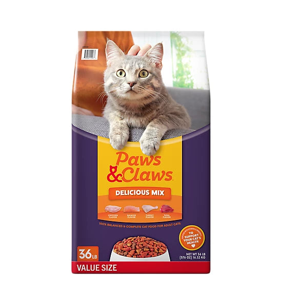Paws & Claws Adult Indoor/Outdoor Delicious Mix Chicken, Salmon, Turkey and Tuna Formula Dry Cat Food, 26lb