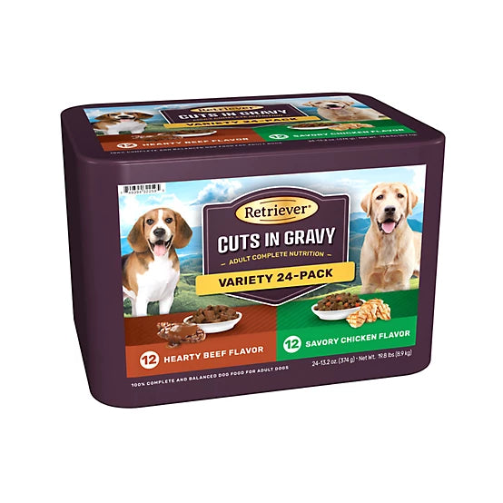 Retriever Adult Hearty Beef/Savory Chicken Cuts in Gravy Wet Dog Food Variety Pack, 13.2 oz., Pack of 24 Cans