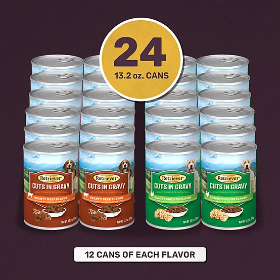 Retriever Adult Hearty Beef/Savory Chicken Cuts in Gravy Wet Dog Food Variety Pack, 13.2 oz., Pack of 24 Cans