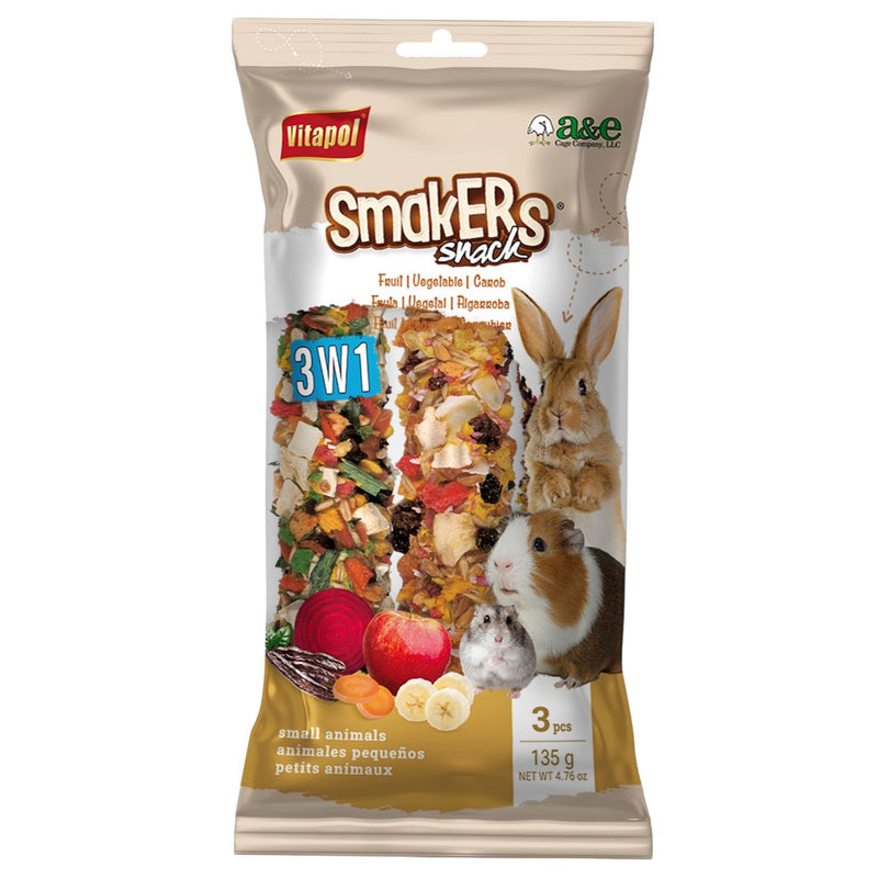 A&E Smakers Fruit, Vegetable & Carob Treat Sticks 3-Pack for Small Animals