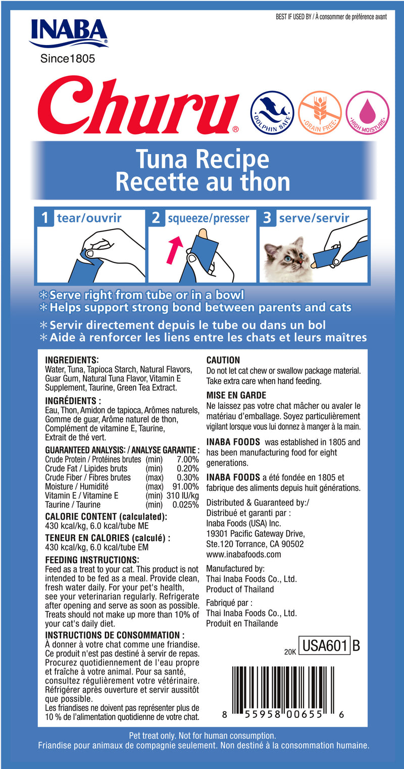 Inaba Churu Tuna Receipe Puree Lickable Cat Treat, 4ct
