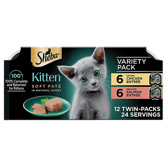 Sheba Perfect Portions Kitten Chicken/Salmon Pate Wet Cat Food Variety Pack, 2.6 oz., Pack of 24 Twin-Pack Trays