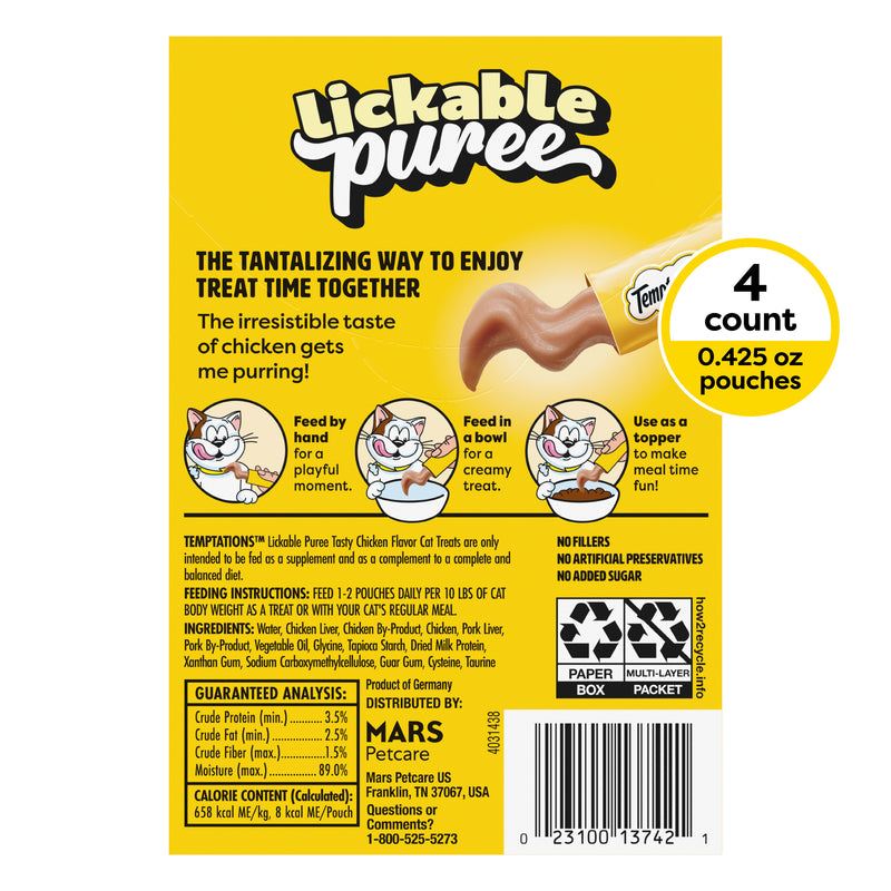 Temptations Creamy Puree Squeezable Lickable Wet Cat Treats with Chicken, 0.42 oz. Tubes, Pack of 4