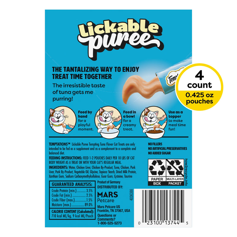 Temptations Creamy Puree Squeezable Lickable Wet Cat Treats with Tuna, 0.42 oz. Tubes, Pack of 4