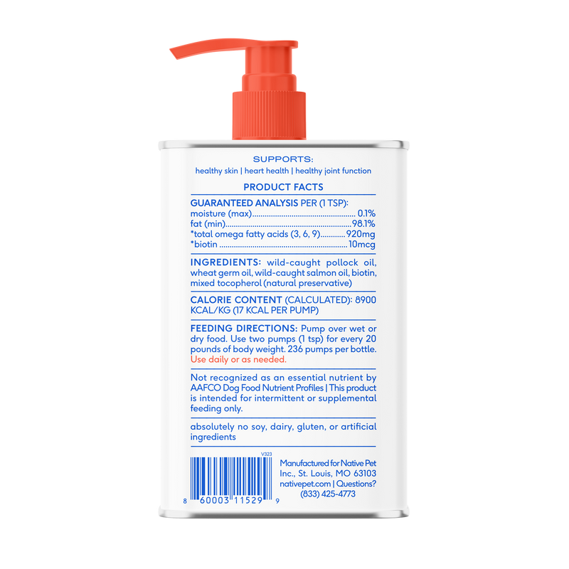 Native Pet Omega-3 Fish Oil & Alaskan Salmon Oil Skin & Coat Health Supplement for Dogs, 16 oz