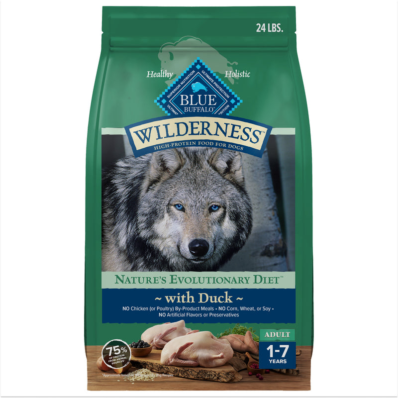 Blue Buffalo Wilderness Natural High-Protein Dry Food for Adult Dogs, with wholesome grains, Duck, 24-lb Bag.
