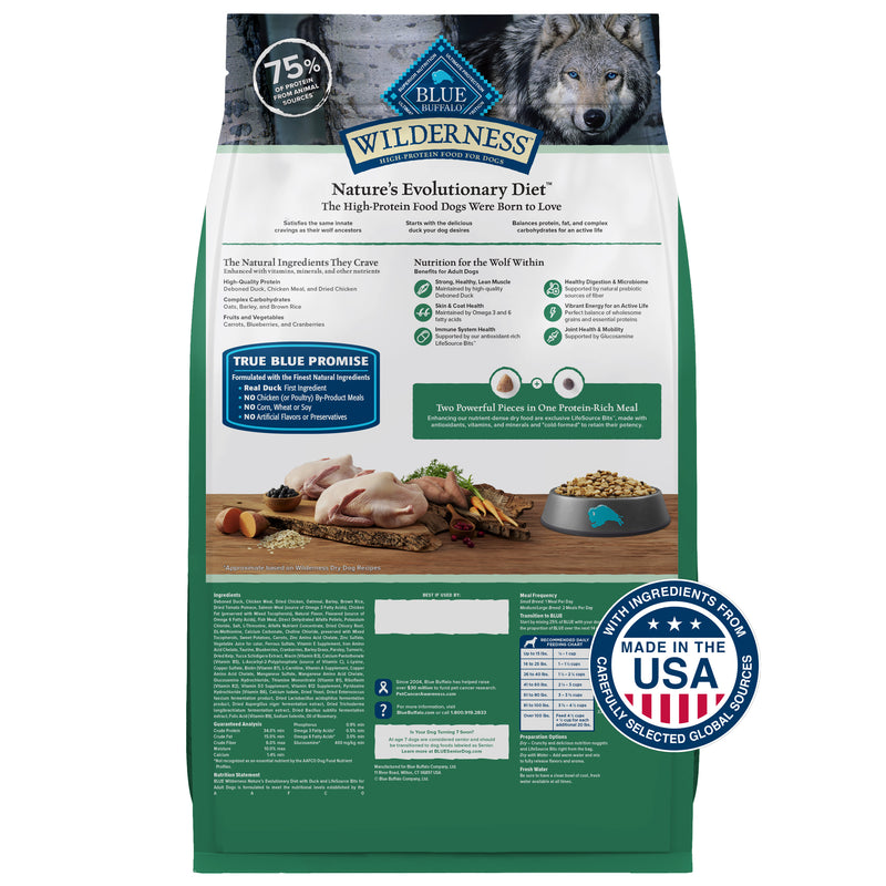 Blue Buffalo Wilderness Natural High-Protein Dry Food for Adult Dogs, with wholesome grains, Duck, 24-lb Bag.