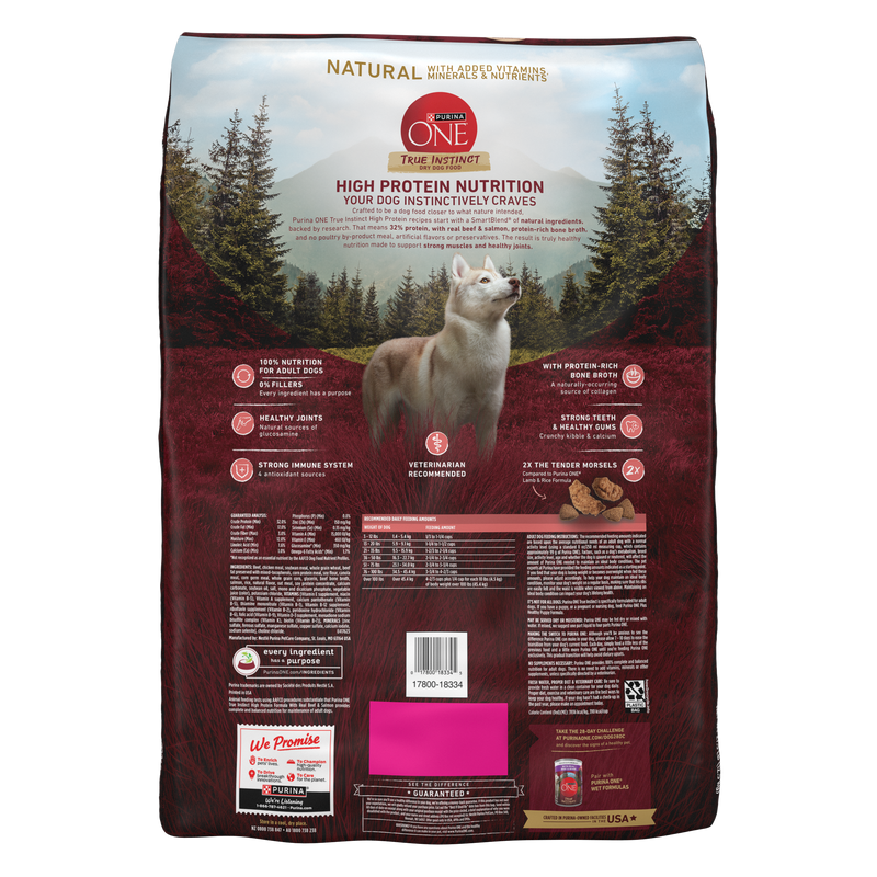 Purina ONE Natural High Protein Dry Dog Food Dry True Instinct with Real Beef and Salmon With Bone Broth and Added Vitamins, Minerals and Nutrients