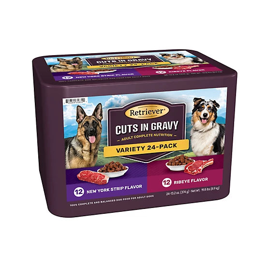 Retriever Adult New York Strip/Ribeye Cuts in Gravy Wet Dog Food Variety Pack, 13.2 oz., Pack of 24 Cans