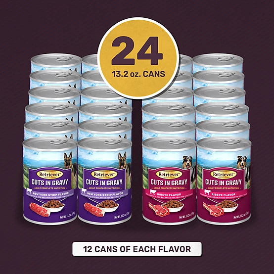 Retriever Adult New York Strip/Ribeye Cuts in Gravy Wet Dog Food Variety Pack, 13.2 oz., Pack of 24 Cans