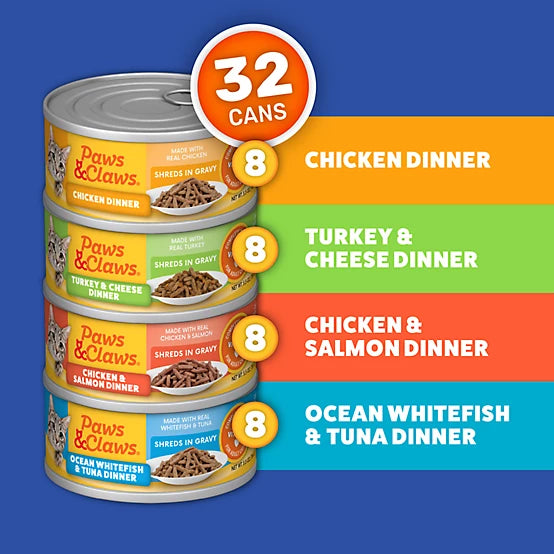 Paws & Claws Adult Shreds in Gravy Wet Cat Food Variety Pack, 5.5 oz., Pack of 32 Cans