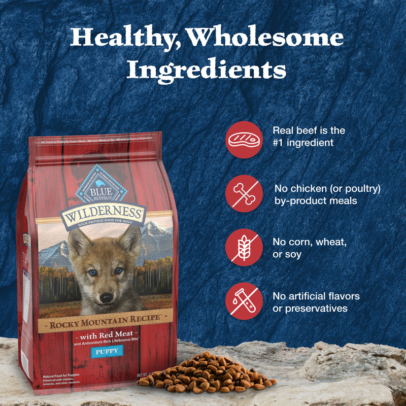 Blue Buffalo Wilderness High-Protein Rocky Mountain Recipe Dry Food for Puppies, Red Meat & Grains, 4.5-lb Bag