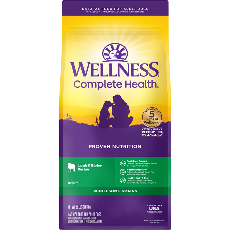 Wellness Complete Health Dry Dog Food, Wholesome Grains, Natural, Lamb & Barley Recipe, (26-Pound Bag)