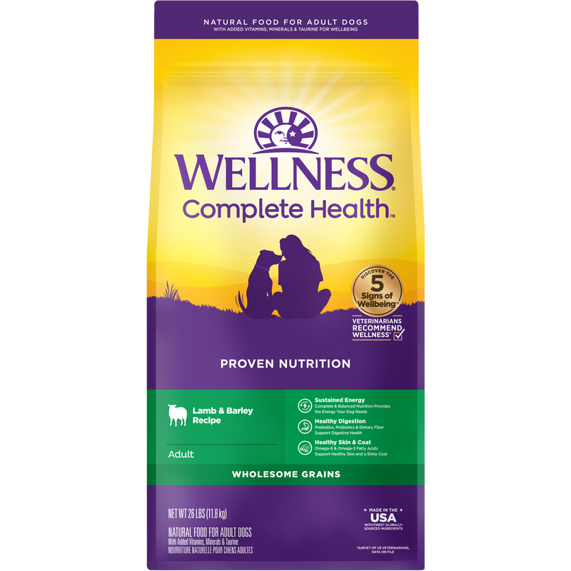 Wellness Complete Health Dry Dog Food, Wholesome Grains, Natural, Lamb & Barley Recipe, (26-Pound Bag)
