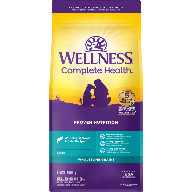 Wellness Complete Health Dry Dog Food, Wholesome Grains, Natural, Whitefish & Sweet Potato Recipe, (26-Pound Bag)