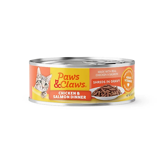 Paws & Claws Adult Chicken and Salmon Shreds in Gravy Wet Cat Food, 5.5 oz.