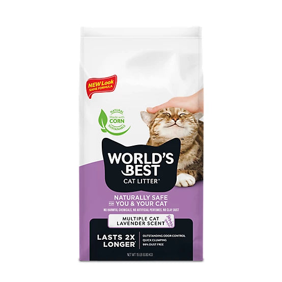 World's Best Cat Litter Lavender Scented Clumping Corn Cat Litter, Multi-Cat, 15lb
