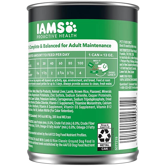 Iams Proactive Health Adult Lamb and Rice Classic Ground Wet Dog Food, 13 oz.