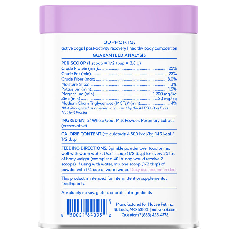 Native Pet Whole Goat Milk Powder Digestive, Recovery, & Energy Support for Active Dogs, 7 oz