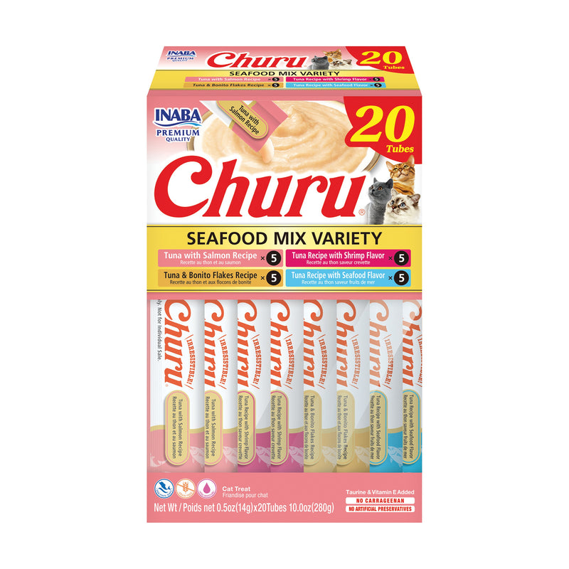 INABA Churu Cat Treats, Wet, Lickable, Squeezable Creamy Purée Cat Treat, 20 Tubes, Seafood Variety Box
